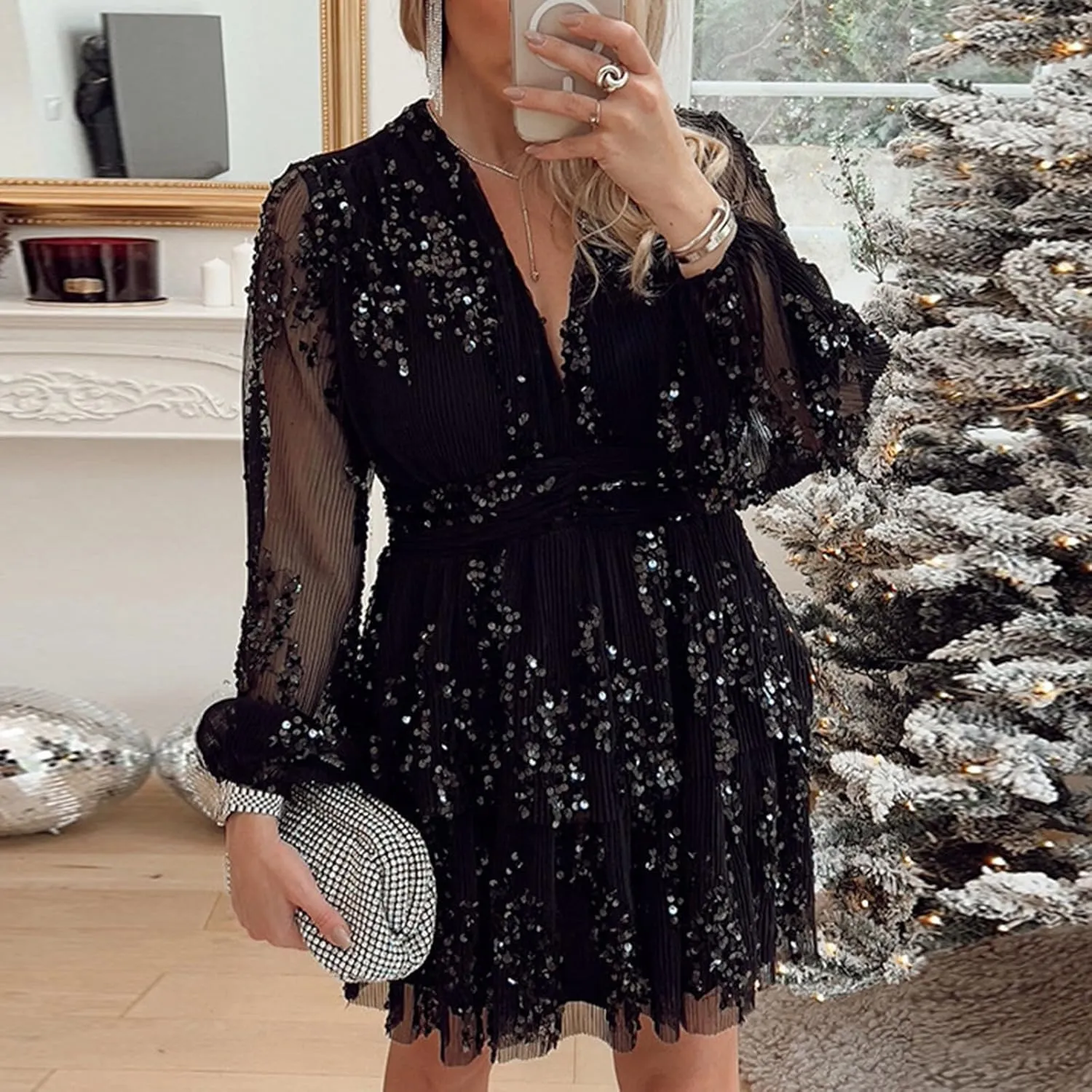 Women's Formal Dresses 2024 Summer Trendy Long Sleeve Lace Ruffle Layered Swing Short Mini Sundress with Pockets