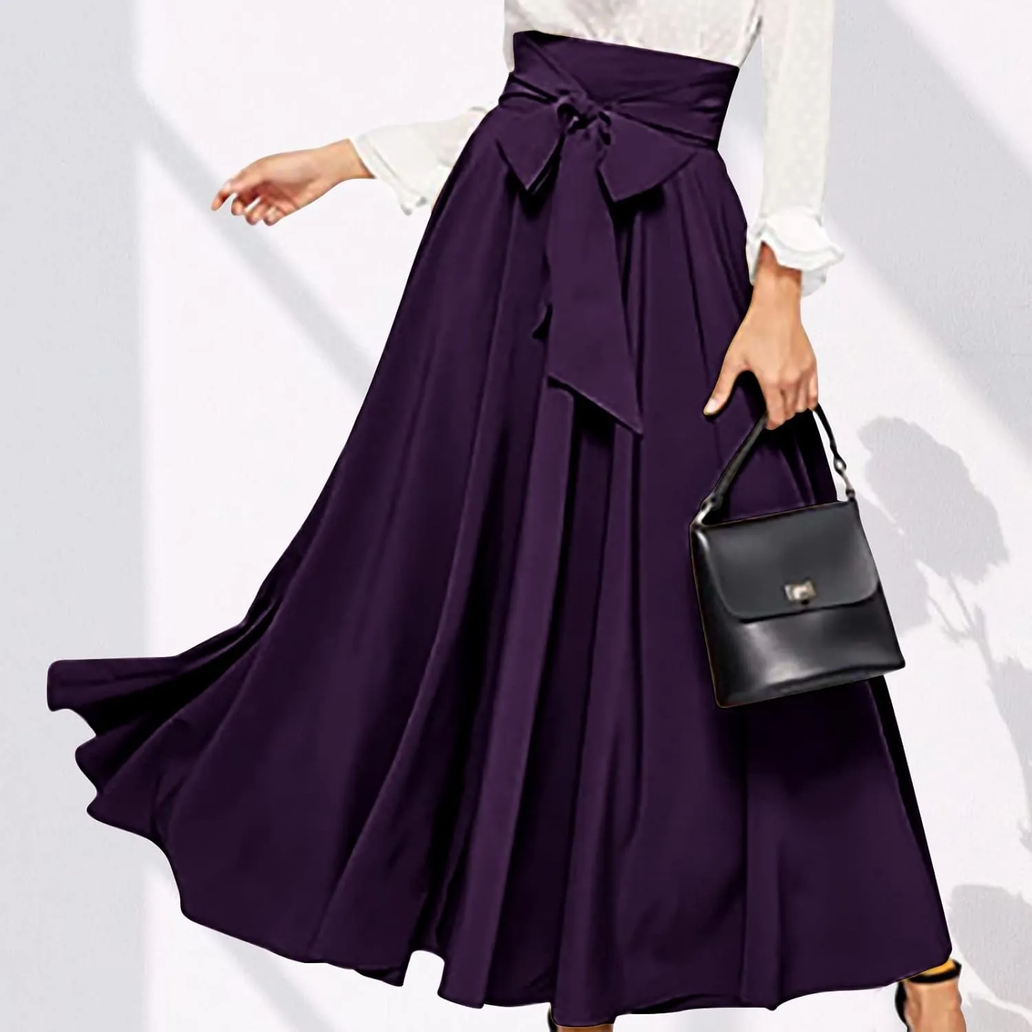 Womens Maxi Skirt Casual High Waist Bowknot Tied Front Pleated Flowy A-Line Long Swing Skirts for Party Prom