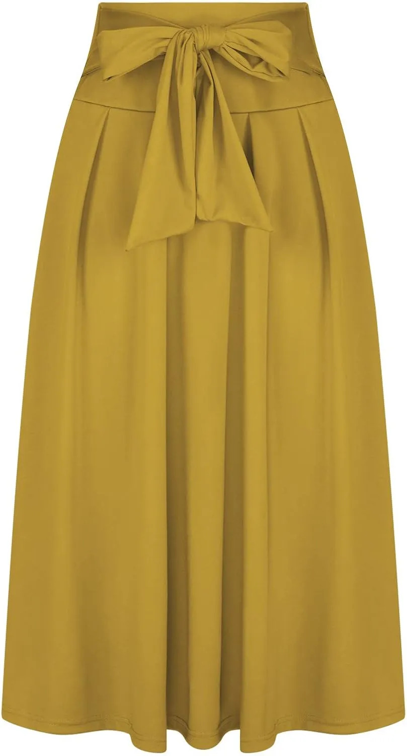 Womens Maxi Skirt Casual High Waist Bowknot Tied Front Pleated Flowy A-Line Long Swing Skirts for Party Prom
