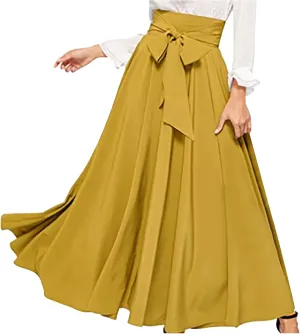 Womens Maxi Skirt Casual High Waist Bowknot Tied Front Pleated Flowy A-Line Long Swing Skirts for Party Prom
