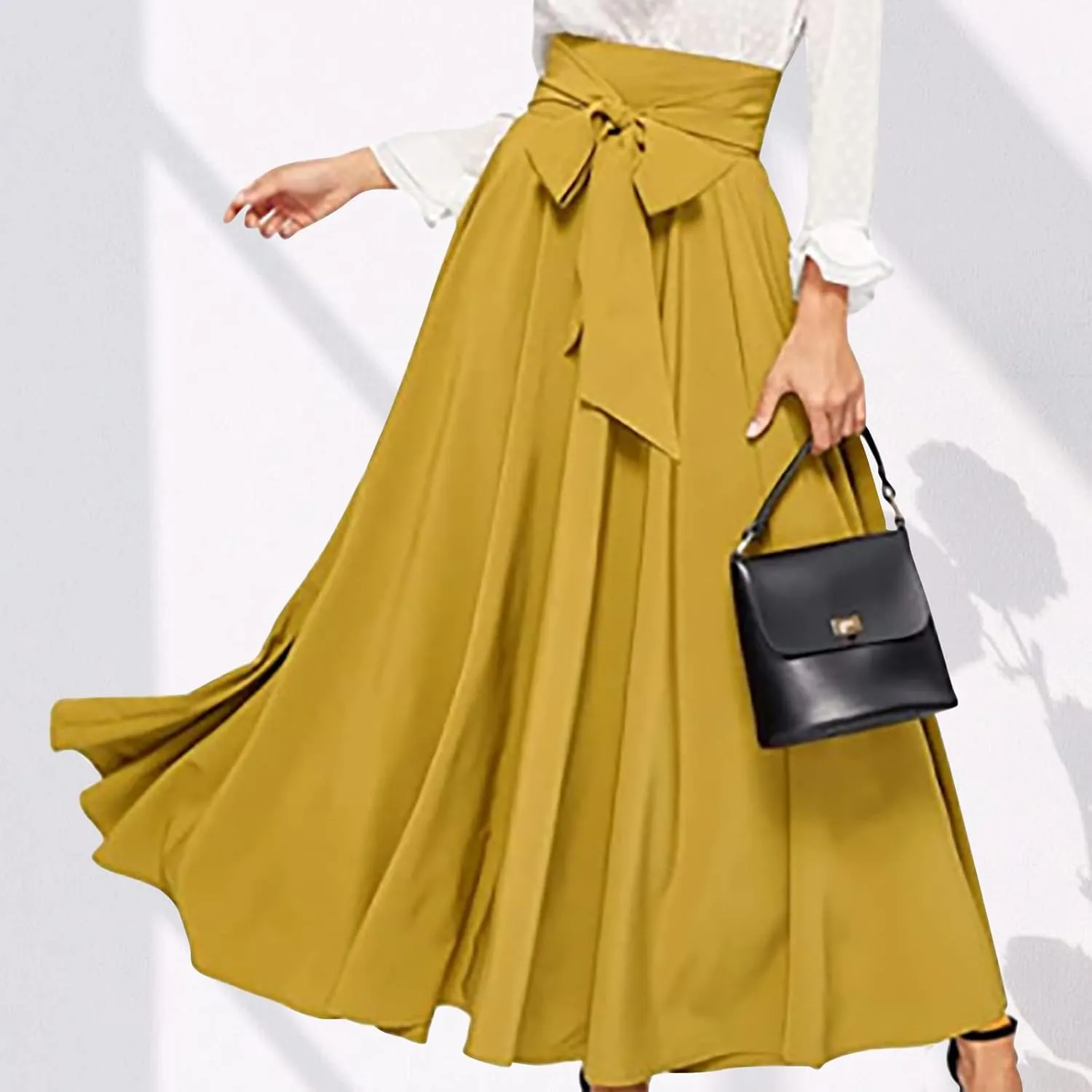 Womens Maxi Skirt Casual High Waist Bowknot Tied Front Pleated Flowy A-Line Long Swing Skirts for Party Prom
