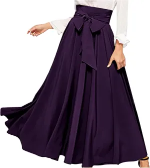 Womens Maxi Skirt Casual High Waist Bowknot Tied Front Pleated Flowy A-Line Long Swing Skirts for Party Prom