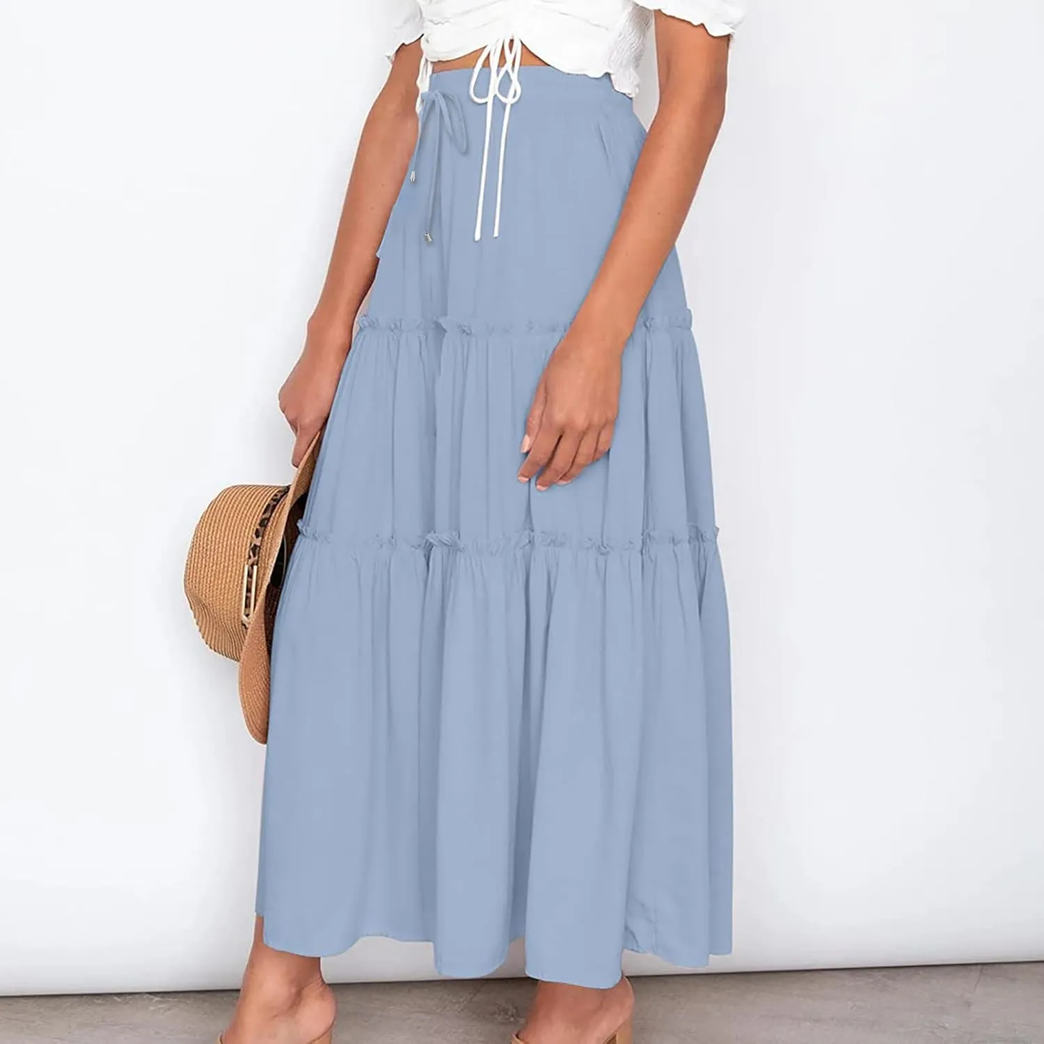 Women's Pleated Midi Skirts 2024 Casual Beach Boho Layered Flowy High Waist A-Line Ruched Swing Long Maxi Skirts