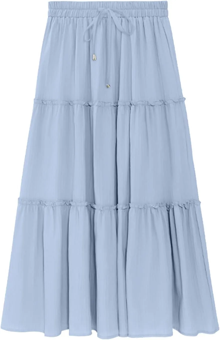 Women's Pleated Midi Skirts 2024 Casual Beach Boho Layered Flowy High Waist A-Line Ruched Swing Long Maxi Skirts