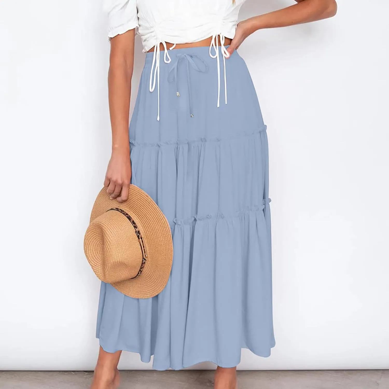 Women's Pleated Midi Skirts 2024 Casual Beach Boho Layered Flowy High Waist A-Line Ruched Swing Long Maxi Skirts