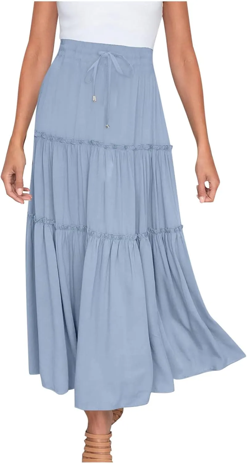 Women's Pleated Midi Skirts 2024 Casual Beach Boho Layered Flowy High Waist A-Line Ruched Swing Long Maxi Skirts
