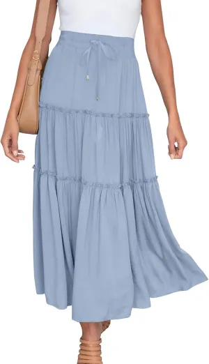 Women's Pleated Midi Skirts 2024 Casual Beach Boho Layered Flowy High Waist A-Line Ruched Swing Long Maxi Skirts