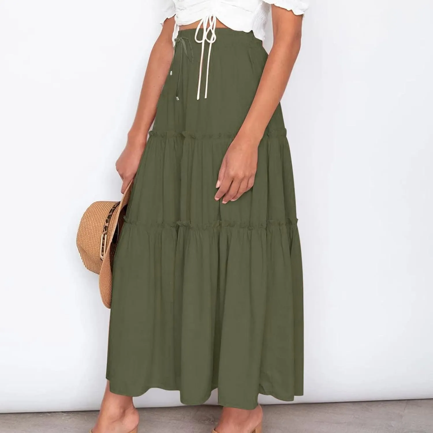 Women's Pleated Midi Skirts 2024 Casual Beach Boho Layered Flowy High Waist A-Line Ruched Swing Long Maxi Skirts