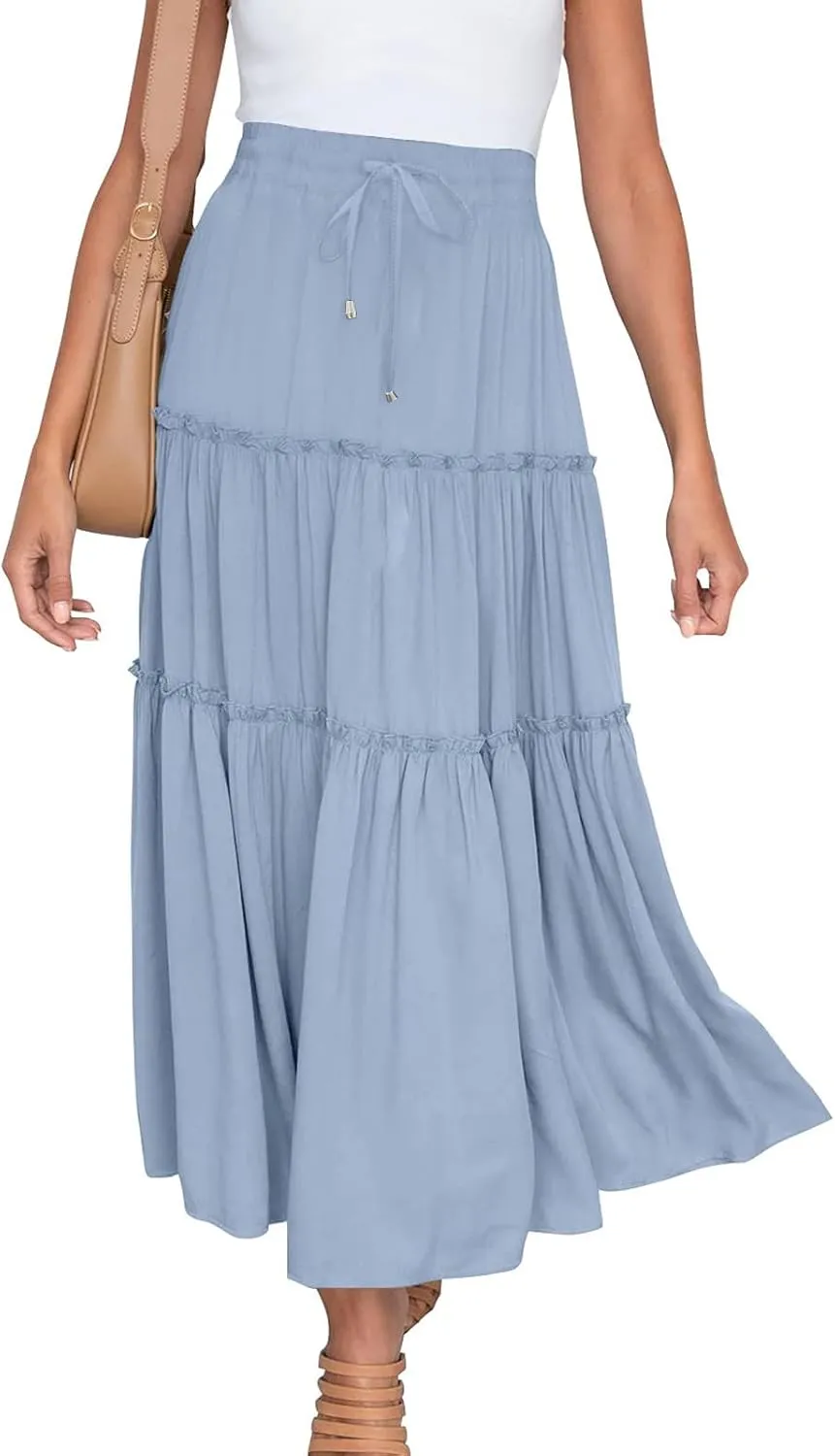 Women's Pleated Midi Skirts 2024 Casual Beach Boho Layered Flowy High Waist A-Line Ruched Swing Long Maxi Skirts