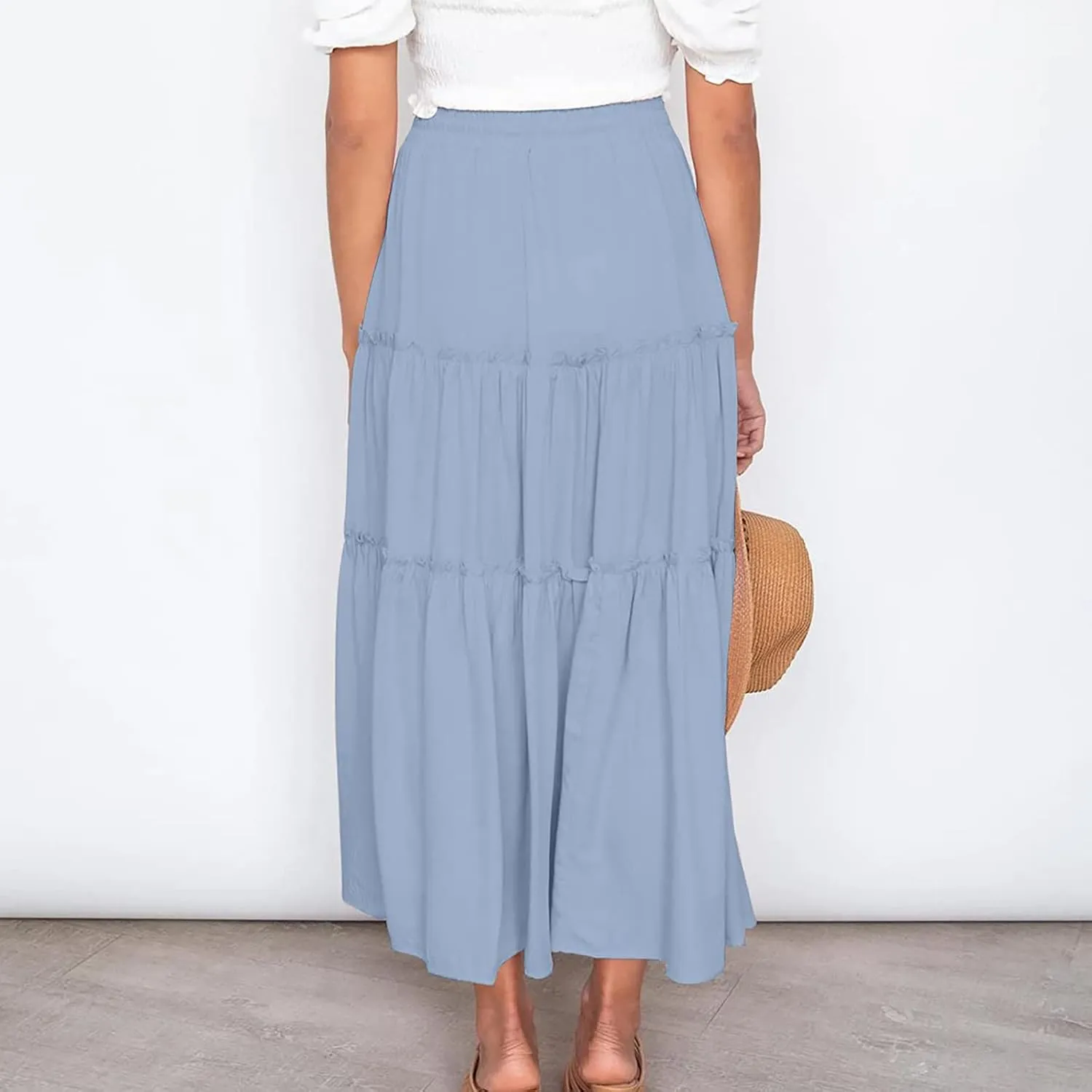 Women's Pleated Midi Skirts 2024 Casual Beach Boho Layered Flowy High Waist A-Line Ruched Swing Long Maxi Skirts