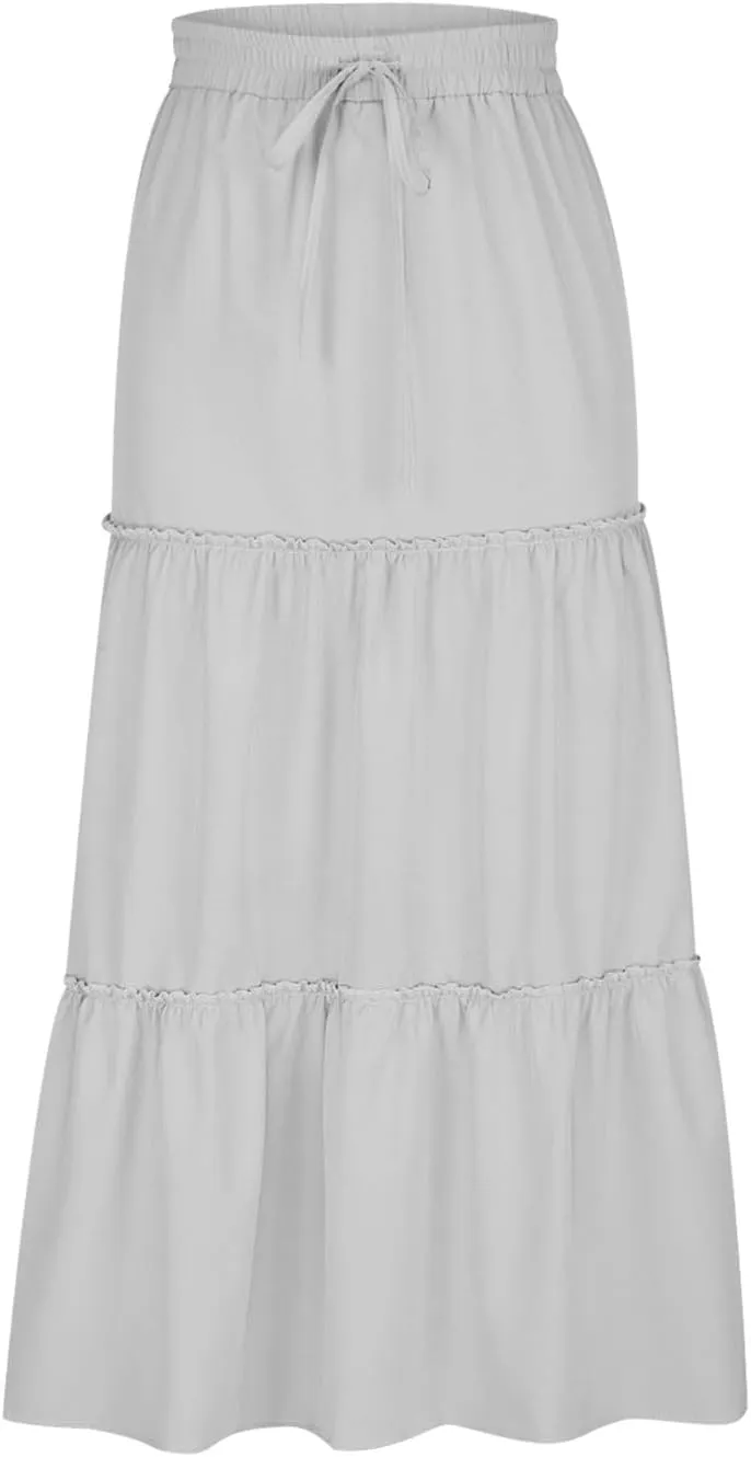 Women's Pleated Midi Skirts Casual Beach Boho Layered Elastic High Waist A-Line Ruffle Swing Long Maxi Skirts