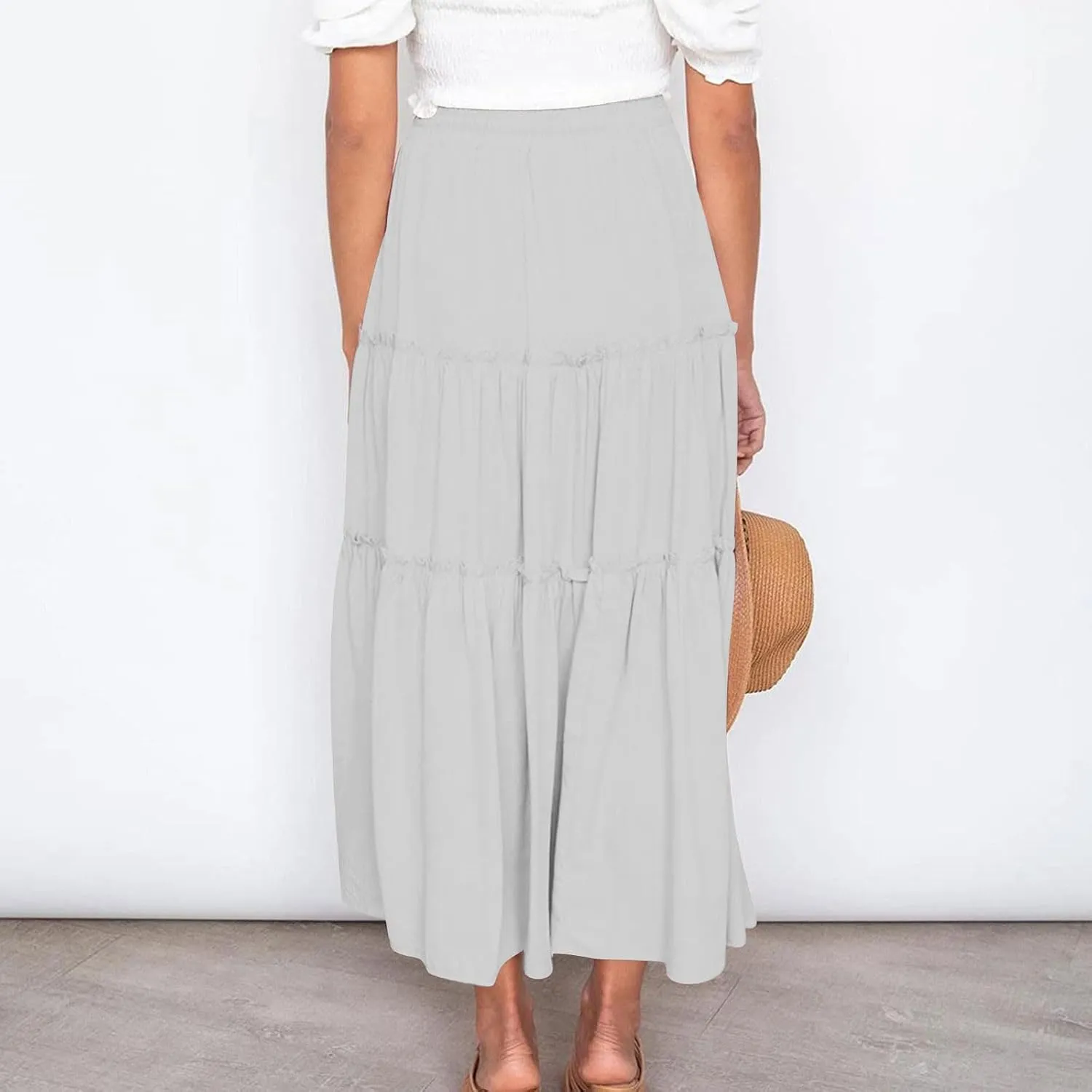 Women's Pleated Midi Skirts Casual Beach Boho Layered Elastic High Waist A-Line Ruffle Swing Long Maxi Skirts