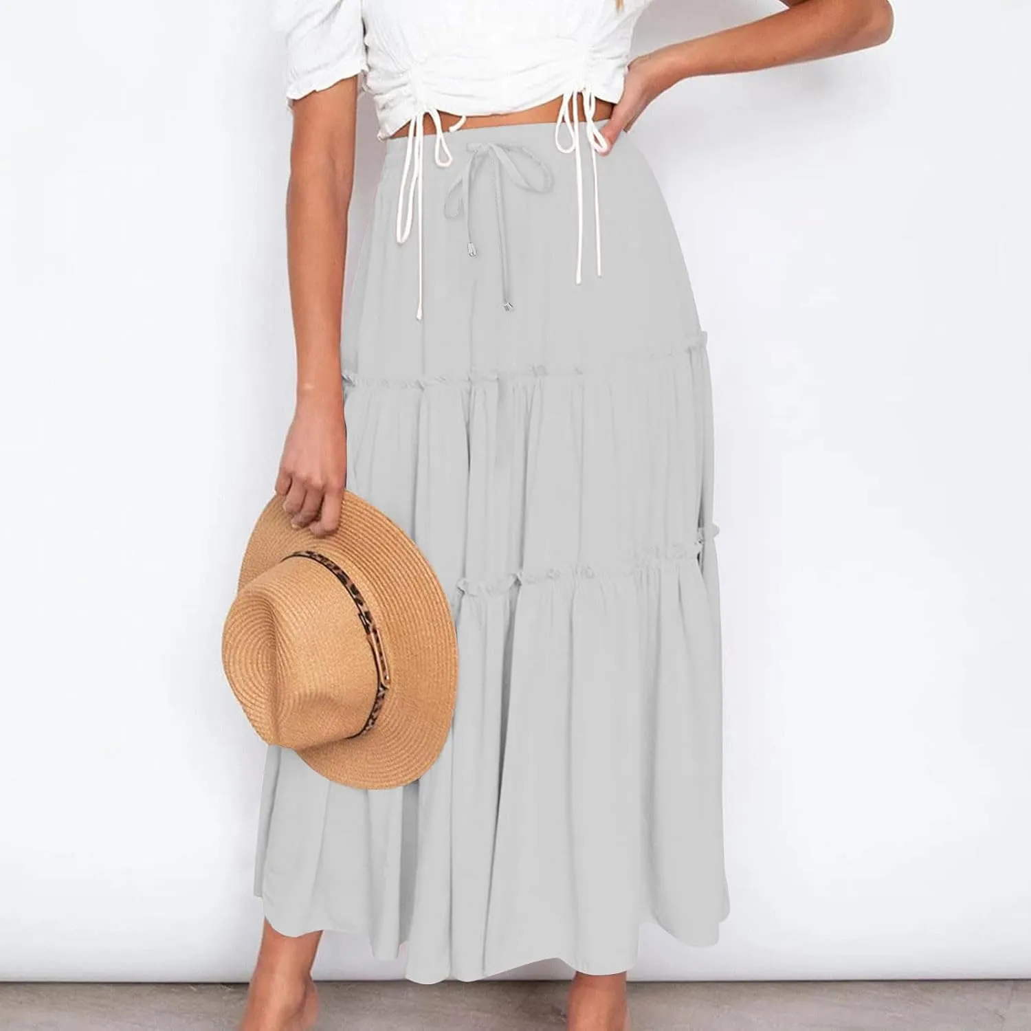 Women's Pleated Midi Skirts Casual Beach Boho Layered Elastic High Waist A-Line Ruffle Swing Long Maxi Skirts