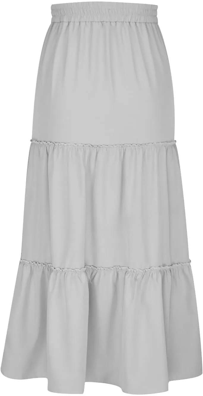 Women's Pleated Midi Skirts Casual Beach Boho Layered Elastic High Waist A-Line Ruffle Swing Long Maxi Skirts