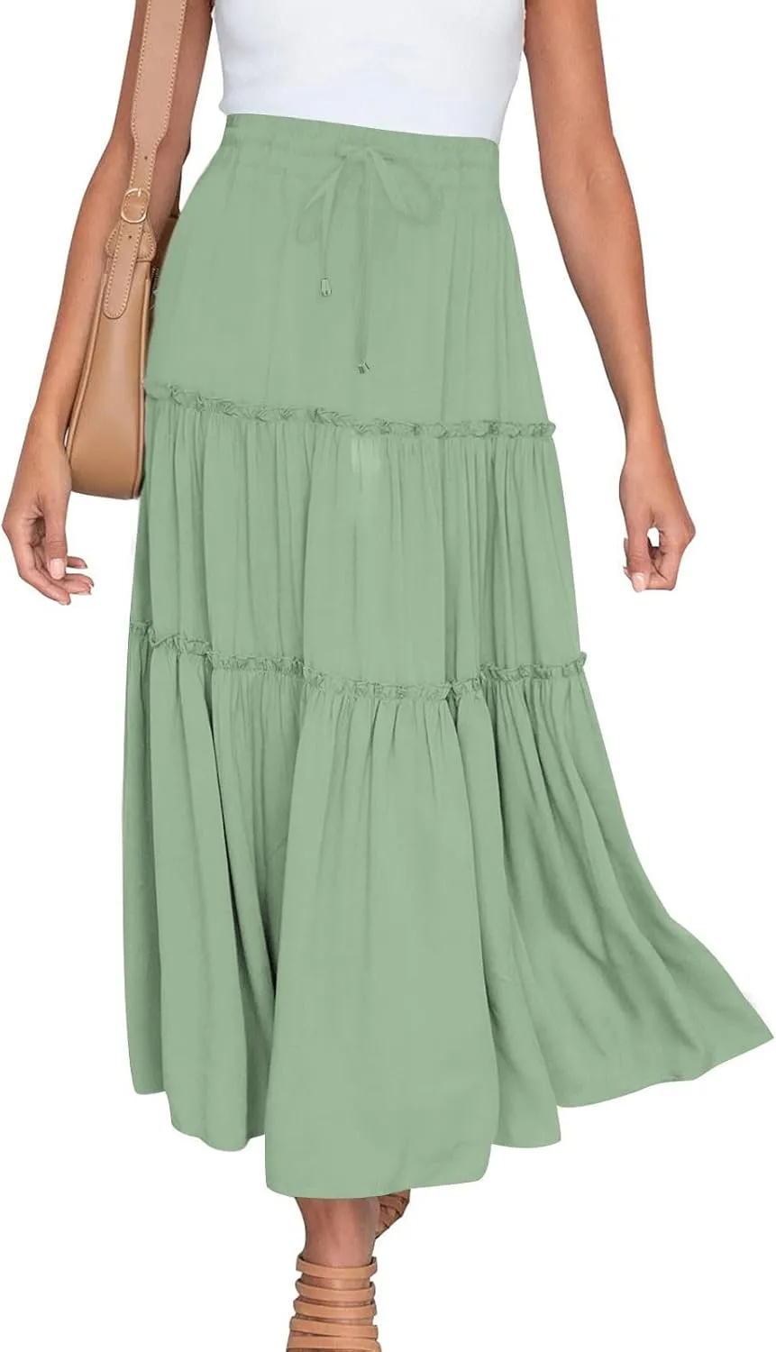 Women's Pleated Midi Skirts Casual Beach Boho Layered Elastic High Waist A-Line Ruffle Swing Long Maxi Skirts