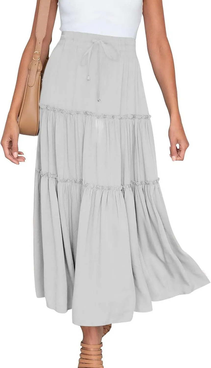 Women's Pleated Midi Skirts Casual Beach Boho Layered Elastic High Waist A-Line Ruffle Swing Long Maxi Skirts