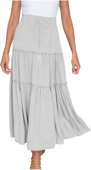 Women's Pleated Midi Skirts Casual Beach Boho Layered Elastic High Waist A-Line Ruffle Swing Long Maxi Skirts