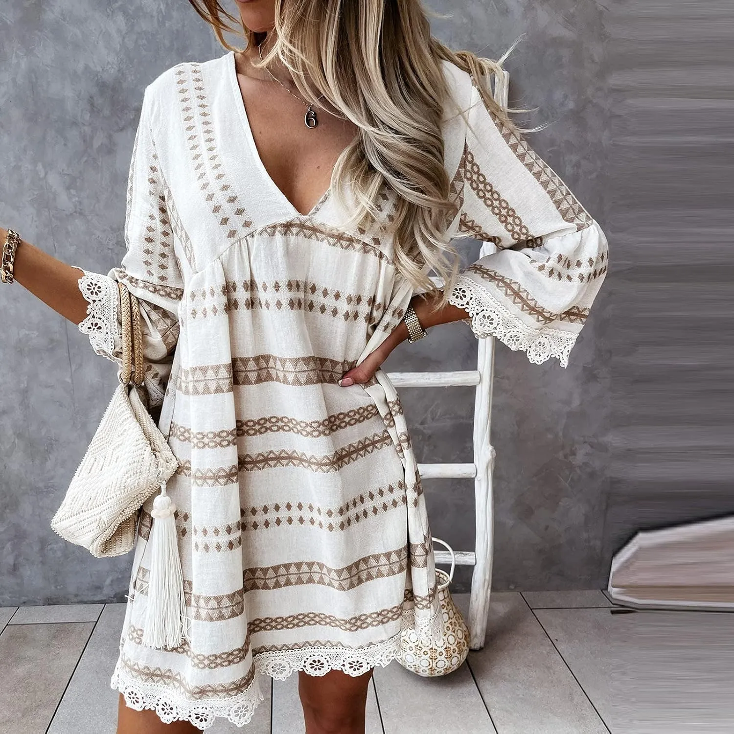 Women's Summer Casual Dress Striped Lace Deep V Neck Sundress Beach Short Sleeve Wrap Ruffle Hem Mini Dresses