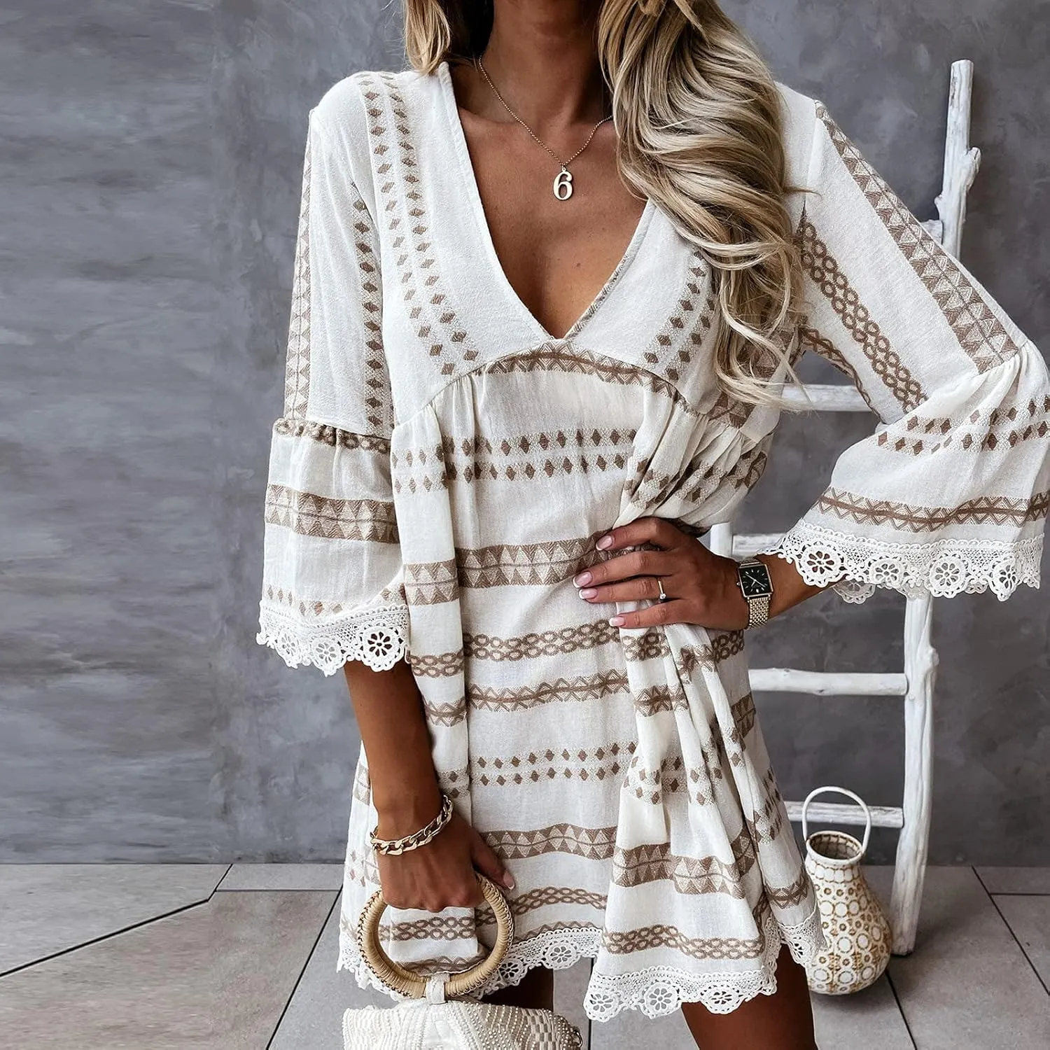 Women's Summer Casual Dress Striped Lace Deep V Neck Sundress Beach Short Sleeve Wrap Ruffle Hem Mini Dresses