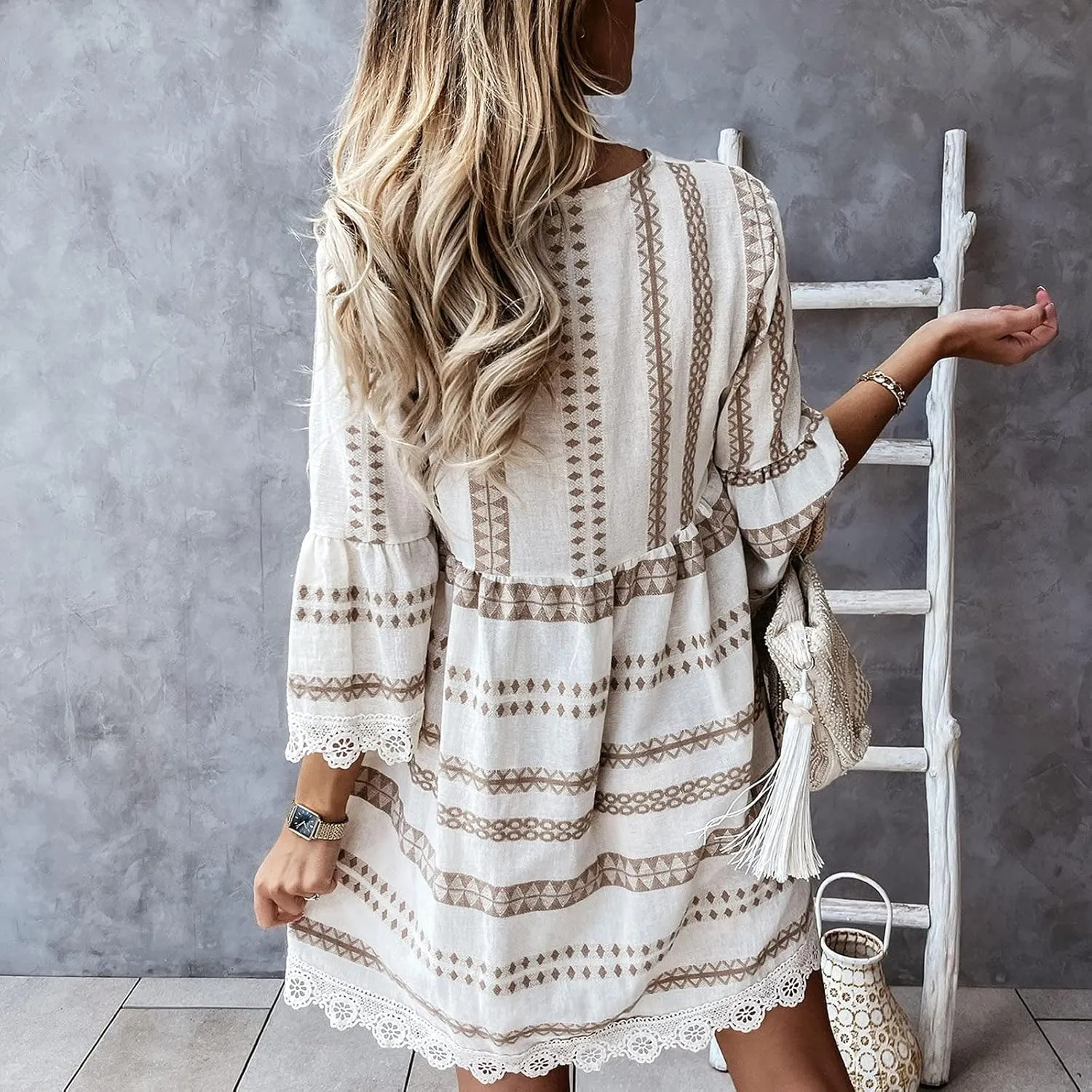 Women's Summer Casual Dress Striped Lace Deep V Neck Sundress Beach Short Sleeve Wrap Ruffle Hem Mini Dresses