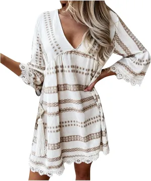 Women's Summer Casual Dress Striped Lace Deep V Neck Sundress Beach Short Sleeve Wrap Ruffle Hem Mini Dresses