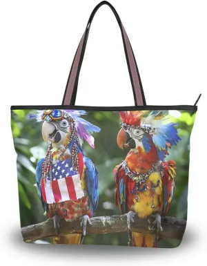 Women's Tote Bags American Parrot Print Reusable Grocery Handbag Bags with Zipper Large Size