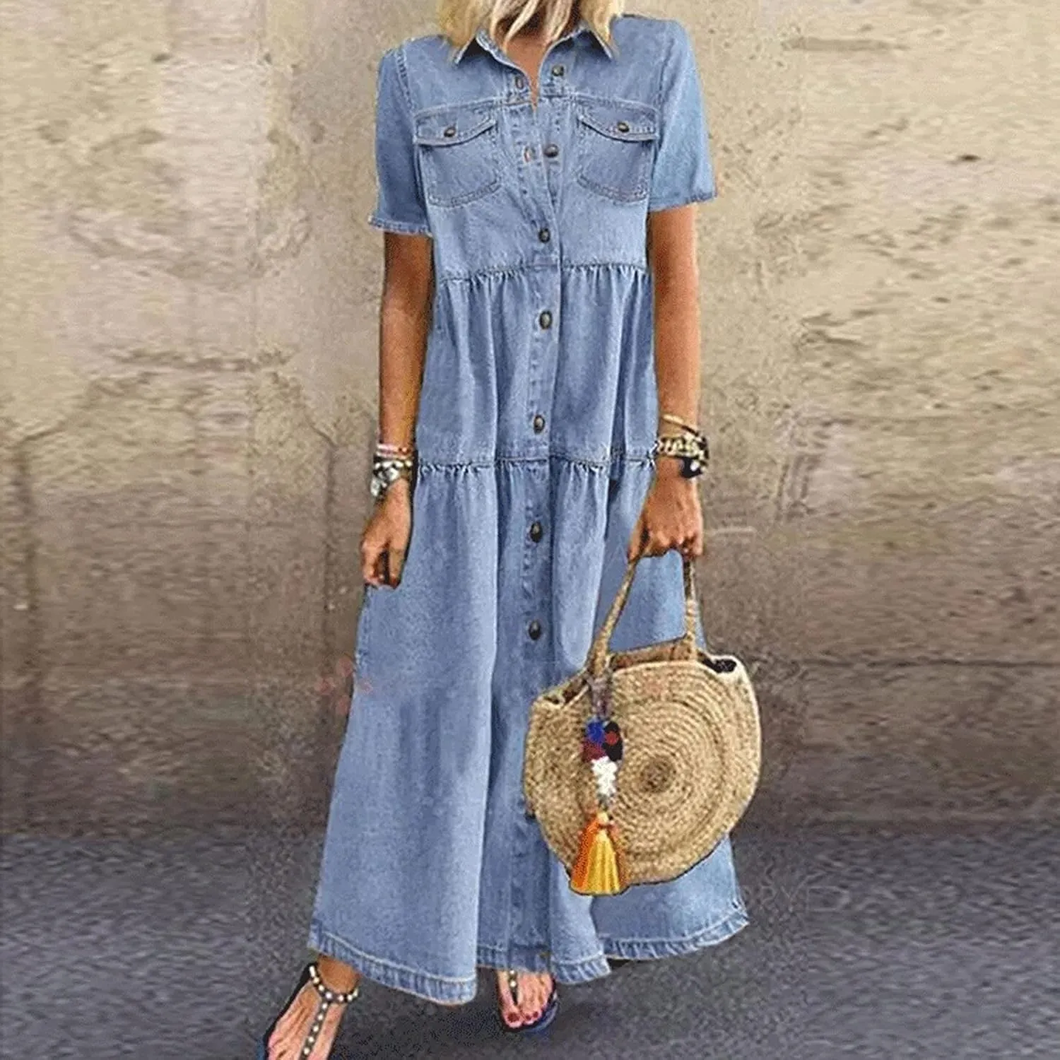Womens Vintage Denim Tshirt Dress Long Jean Sundress Summer Casual Short Sleeve Button Down Maxi Denim Dresses
