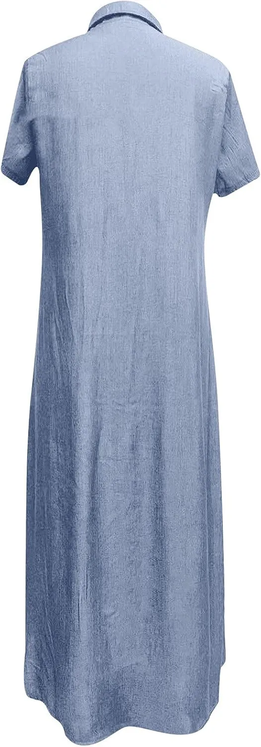 Womens Vintage Denim Tshirt Dress Long Jean Sundress Summer Casual Short Sleeve Button Down Maxi Denim Dresses