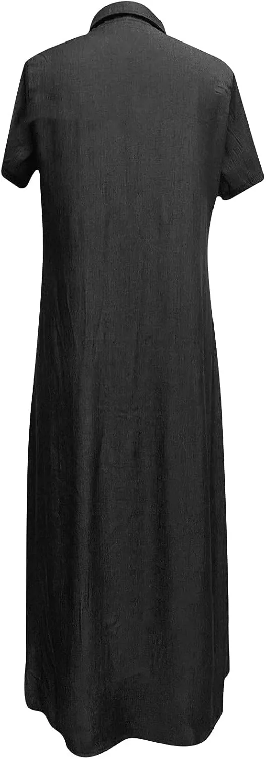 Womens Vintage Denim Tshirt Dress Long Jean Sundress Summer Casual Short Sleeve Button Down Maxi Denim Dresses
