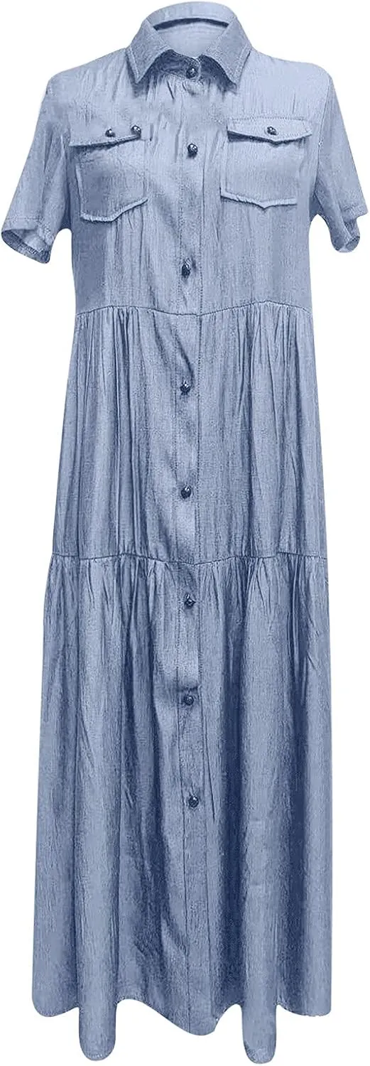 Womens Vintage Denim Tshirt Dress Long Jean Sundress Summer Casual Short Sleeve Button Down Maxi Denim Dresses