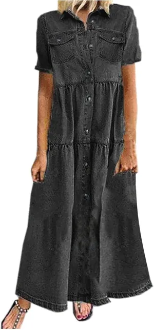 Womens Vintage Denim Tshirt Dress Long Jean Sundress Summer Casual Short Sleeve Button Down Maxi Denim Dresses