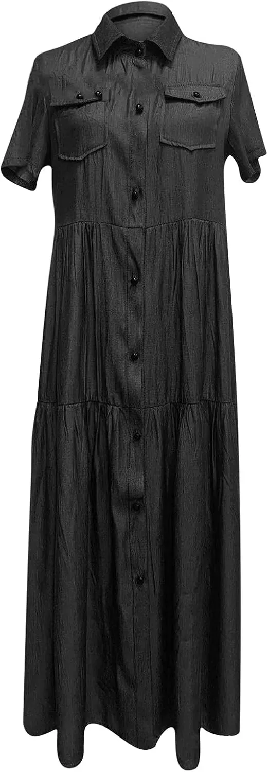Womens Vintage Denim Tshirt Dress Long Jean Sundress Summer Casual Short Sleeve Button Down Maxi Denim Dresses