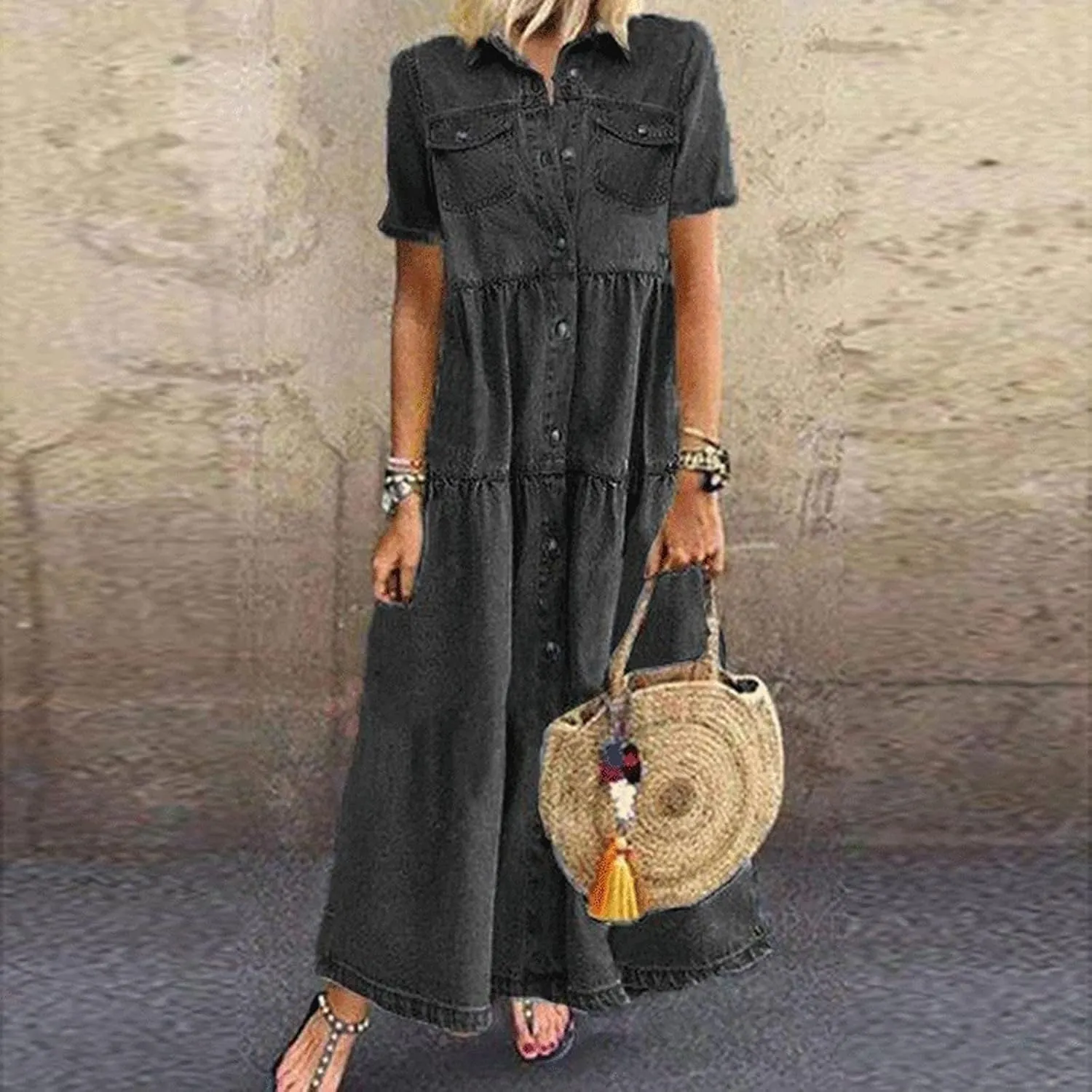 Womens Vintage Denim Tshirt Dress Long Jean Sundress Summer Casual Short Sleeve Button Down Maxi Denim Dresses