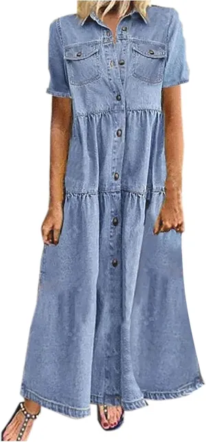 Womens Vintage Denim Tshirt Dress Long Jean Sundress Summer Casual Short Sleeve Button Down Maxi Denim Dresses