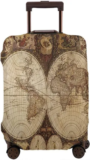 WONDERTIFY World Map Travel Suitcase Protector Old Map Historical Atlas 1720S Nostalgic Style Washable Elastic Luggage Cover With Concealed Zipper Brown Fits 18-21 Inch