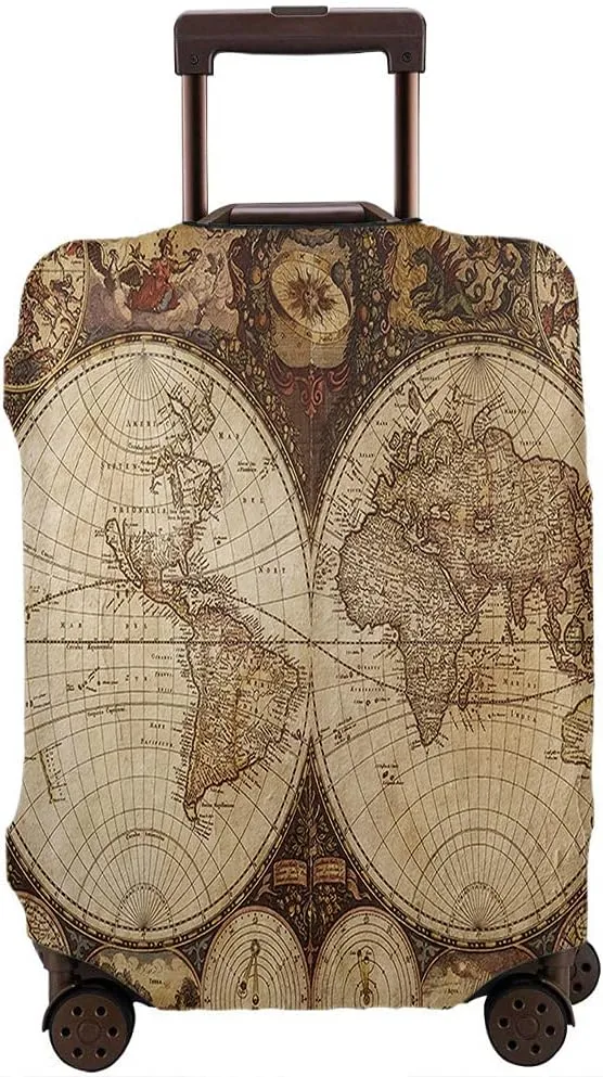 WONDERTIFY World Map Travel Suitcase Protector Old Map Historical Atlas 1720S Nostalgic Style Washable Elastic Luggage Cover With Concealed Zipper Brown Fits 18-21 Inch