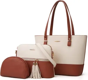 ZiMing Women Handbags Set Textured Leather Purses Tote Shoulder Bags Dome Satchel Bag with Tassel Small Clutch Wallet 3-Pcs